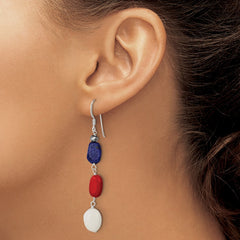 QE9719 Sterling Silver Polished Red Coral/Crystal/White Jade/Lapis Dangle Earrings