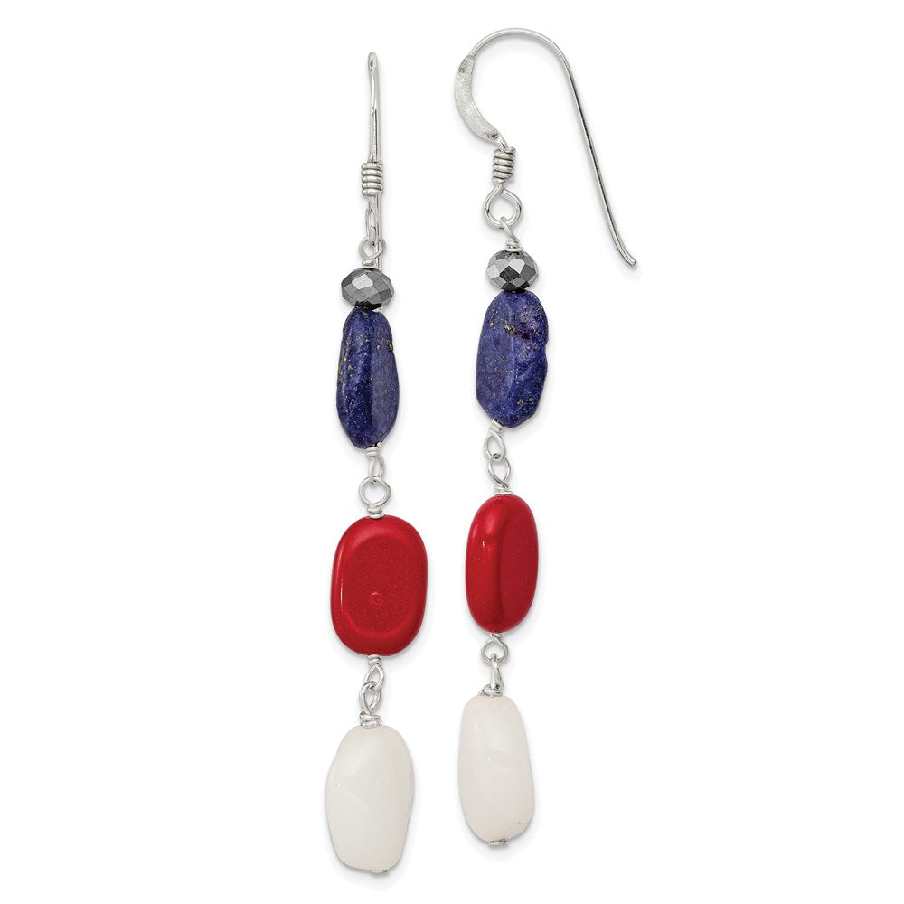 QE9719 Sterling Silver Polished Red Coral/Crystal/White Jade/Lapis Dangle Earrings