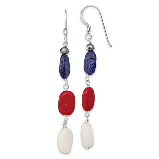 QE9719 Sterling Silver Polished Red Coral/Crystal/White Jade/Lapis Dangle Earrings