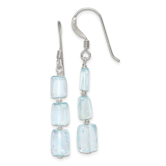 QE9725 Sterling Silver Polished Rectangular Light Blue Quartz Dangle Earrings