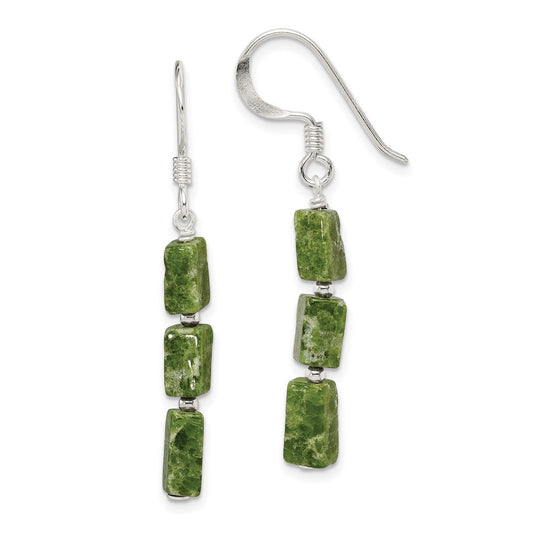QE9735 Sterling Silver Polished Green Russian Serpentine Dangle Earrings