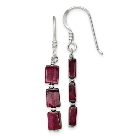 QE9744 Sterling Silver Polished Triple Rectangle Garnet Dangle Earrings
