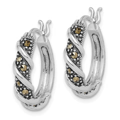 QE985 Sterling Silver Rhodium-plated Antiqued Swirl Hoop Marcasite Earrings