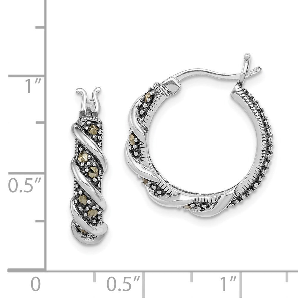 QE985 Sterling Silver Rhodium-plated Antiqued Swirl Hoop Marcasite Earrings