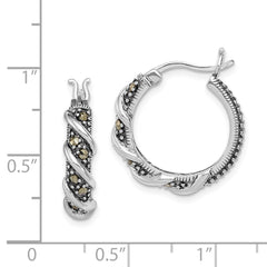 QE985 Sterling Silver Rhodium-plated Antiqued Swirl Hoop Marcasite Earrings