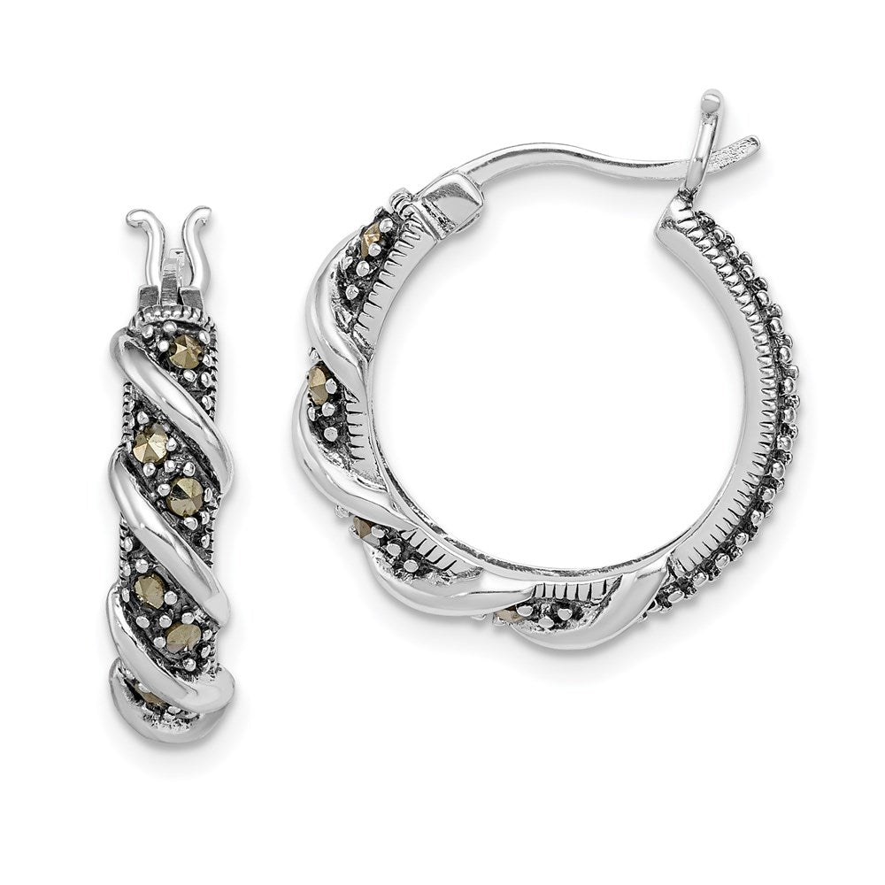QE985 Sterling Silver Rhodium-plated Antiqued Swirl Hoop Marcasite Earrings