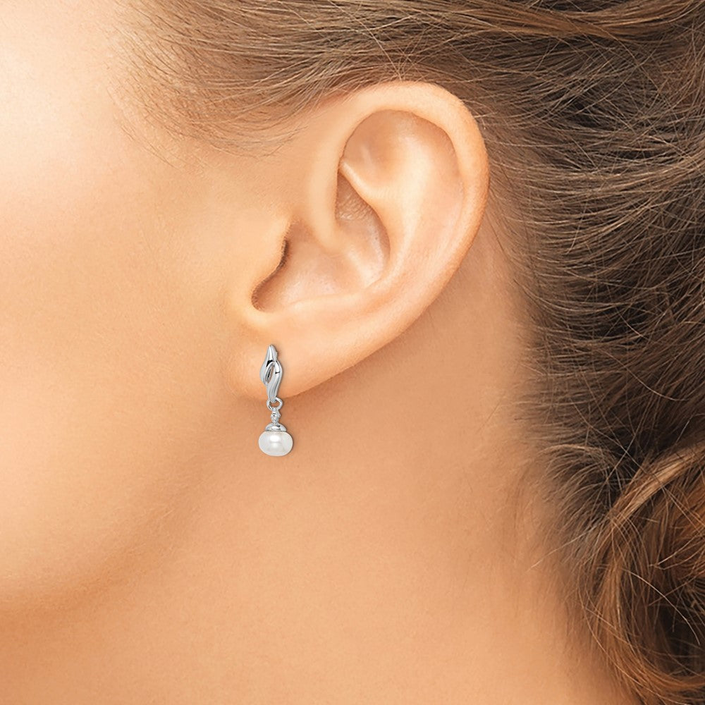 QE9925 Sterling Silver Rhodium Plated Diamond & FW Cultured Pearl Post Ear