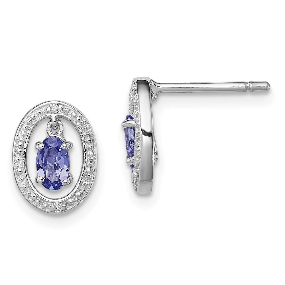 QE9926TZ Sterling Silver Rhodium Plated Diamond & Tanzanite Oval Post Earrings