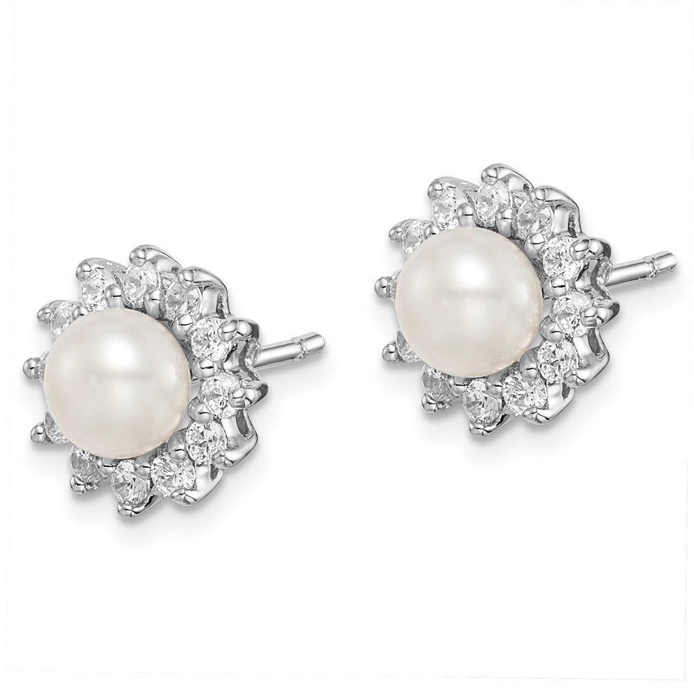 QE9936 Sterling Silver Rhodium Plated CZ and FW Cultured Pearl Post Ear