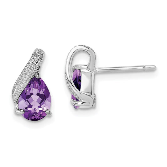 QE9939AM Sterling Silver Rhodium Plated Diamond and Amethyst Post Earrings