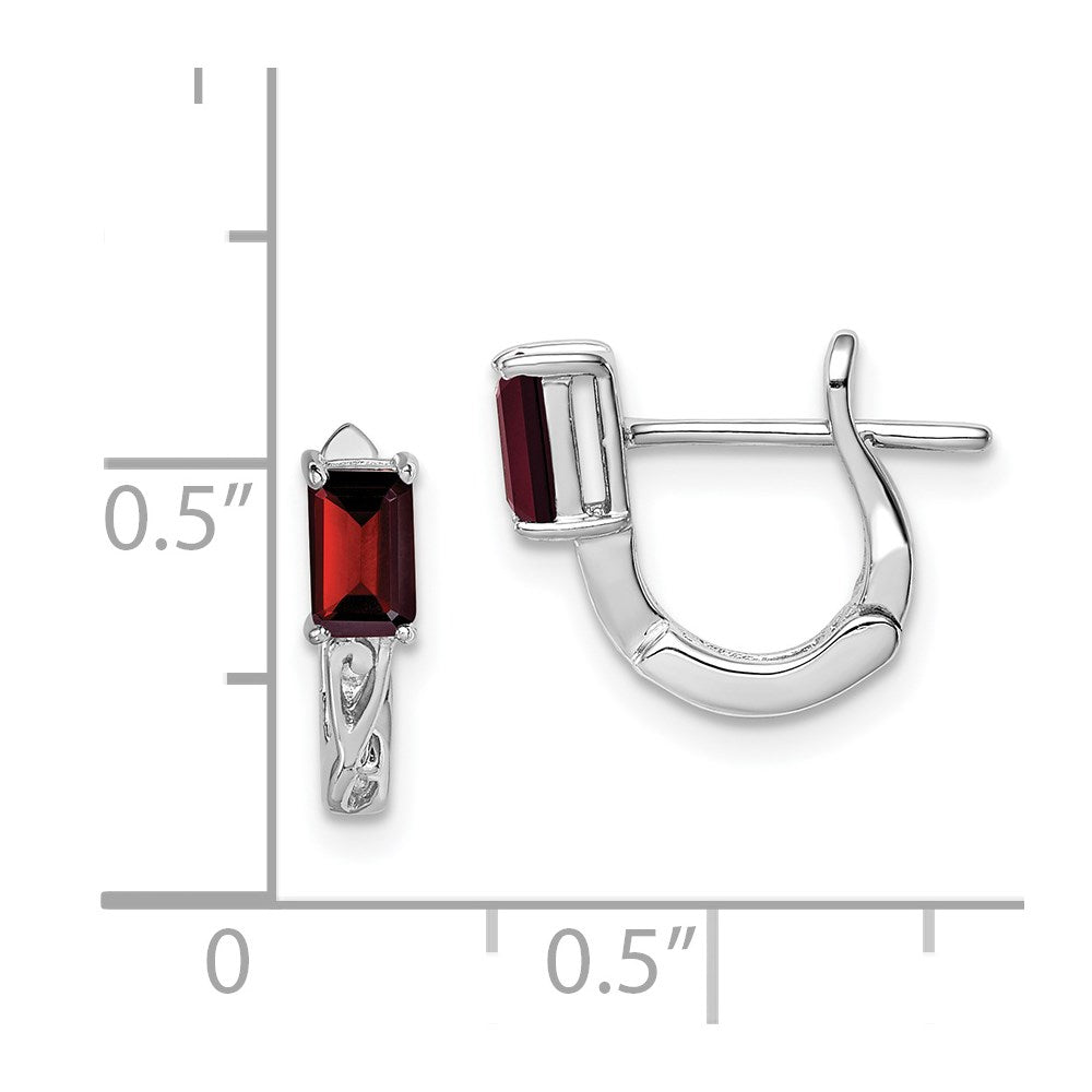 QE9959GA Sterling Silver Rhodium Plated Garnet Hinged Hoop Earrings