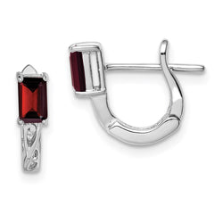 QE9959GA Sterling Silver Rhodium Plated Garnet Hinged Hoop Earrings