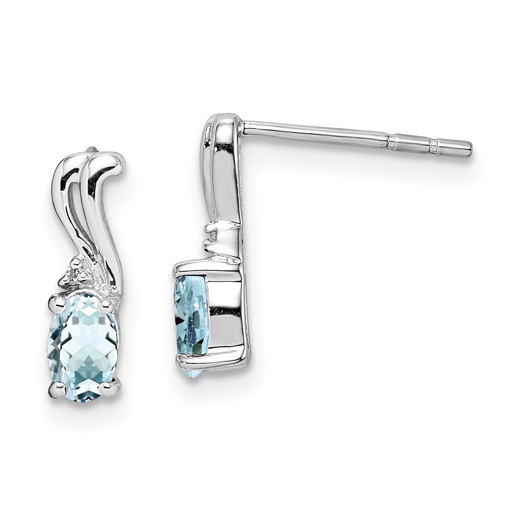 QE9967AQ Sterling Silver Rhodium Plated Dia. & Aquamarine Oval Post Earrings