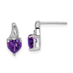 QE9971AM Sterling Silver Rhodium Plated Diamond and Amethyst Heart Post Earrings