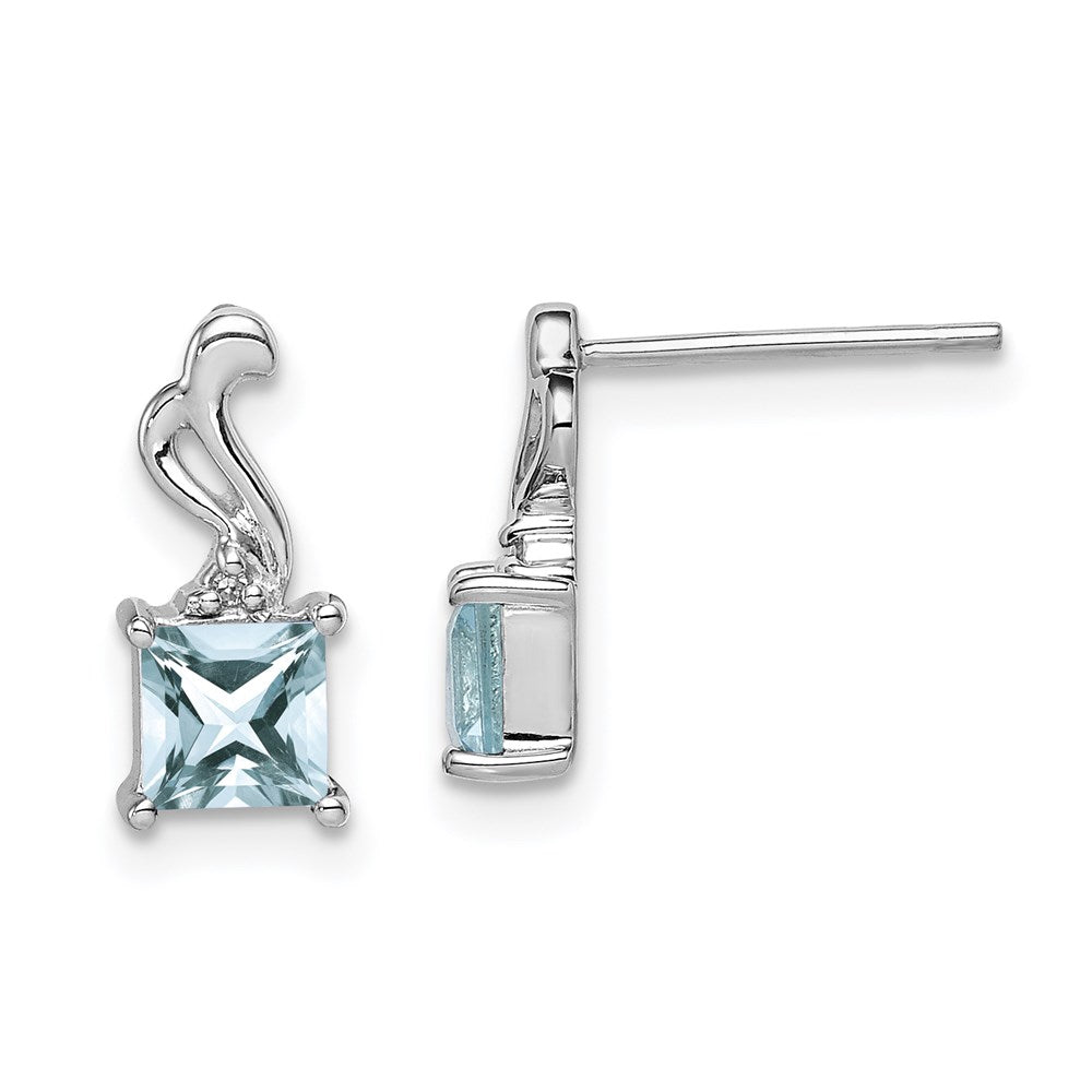 QE9975AQ Sterling Silver Rhodium Plated Dia. Aquamarine Square Post Earrings
