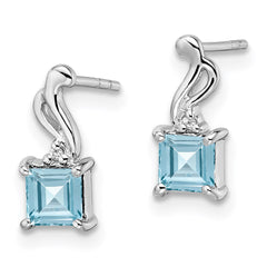 QE9976BT Sterling Silver Rhodium Plated Diamond and Blue Topaz Square Earrings