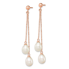 QER12777 Sterling Silver Rose-tone 7-8mm White Rice Freshwater Cultured Pearl Post Dangle Earrings