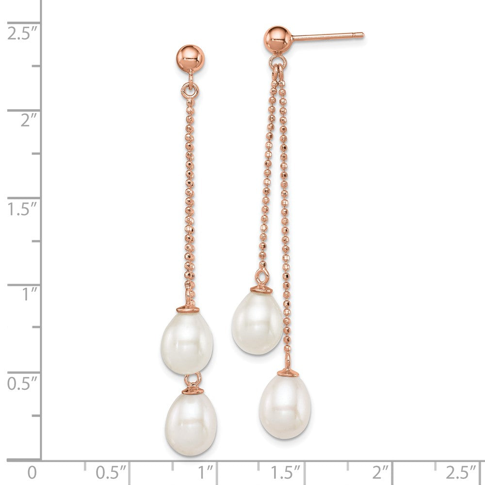 QER12777 Sterling Silver Rose-tone 7-8mm White Rice Freshwater Cultured Pearl Post Dangle Earrings