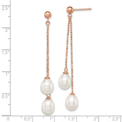 QER12777 Sterling Silver Rose-tone 7-8mm White Rice Freshwater Cultured Pearl Post Dangle Earrings