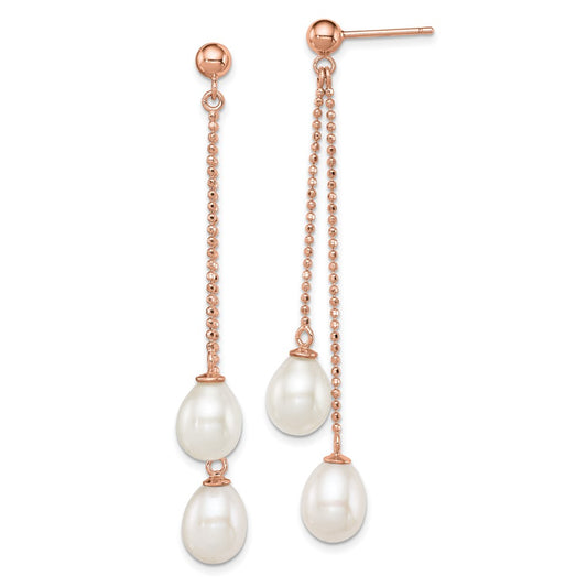 QER12777 Sterling Silver Rose-tone 7-8mm White Rice Freshwater Cultured Pearl Post Dangle Earrings