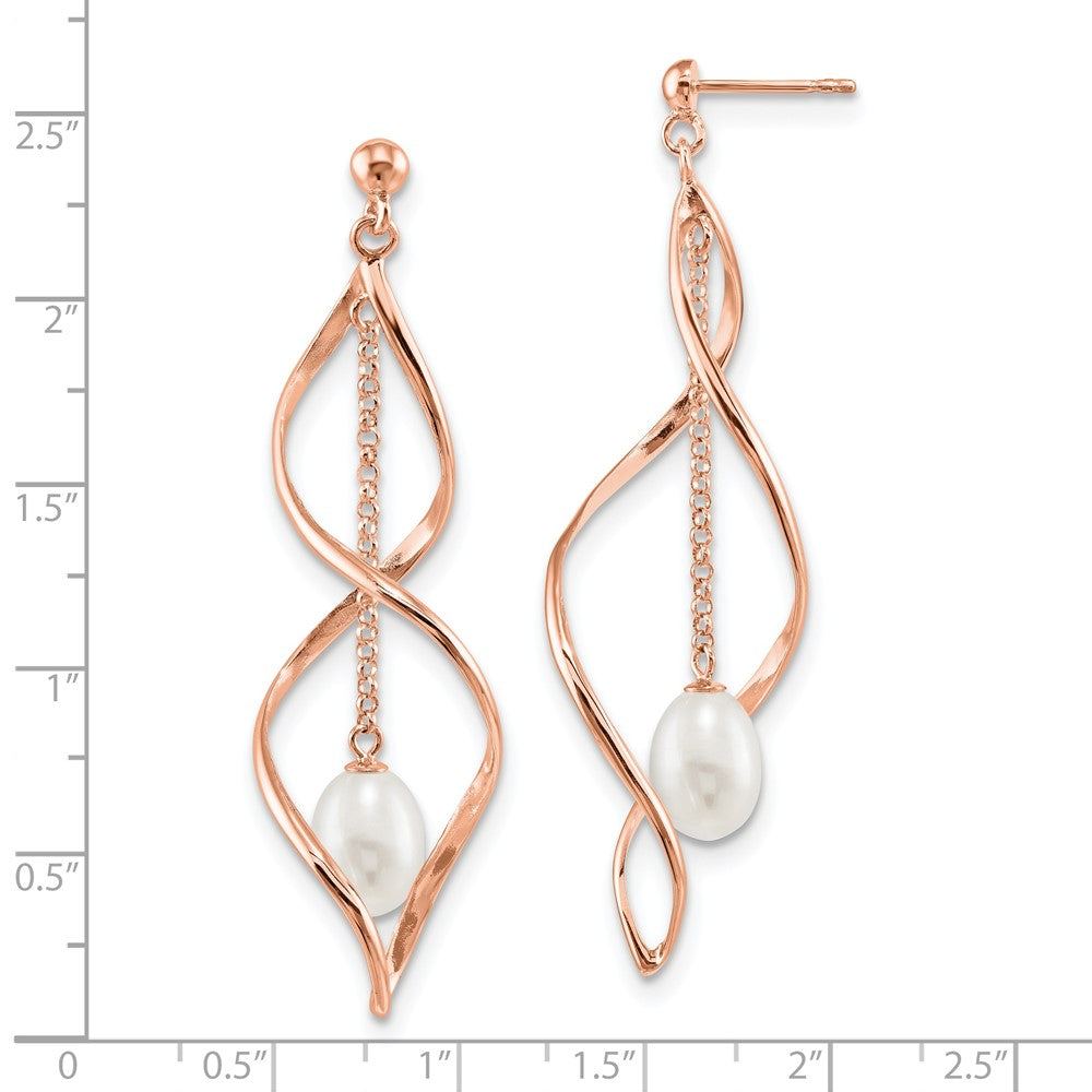 QER13852 Sterling Silver Rose-tone 7-8mm White Rice Freshwater Cultured Pearl Post Dangle Earrings
