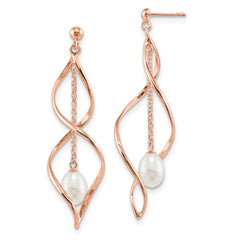 QER13852 Sterling Silver Rose-tone 7-8mm White Rice Freshwater Cultured Pearl Post Dangle Earrings