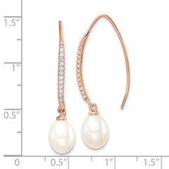QER15366 Sterling Silver Rose-tone 7-8mm White Teardrop Freshwater Cultured Pearl and CZ Threader Earrings