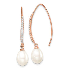 QER15366 Sterling Silver Rose-tone 7-8mm White Teardrop Freshwater Cultured Pearl and CZ Threader Earrings