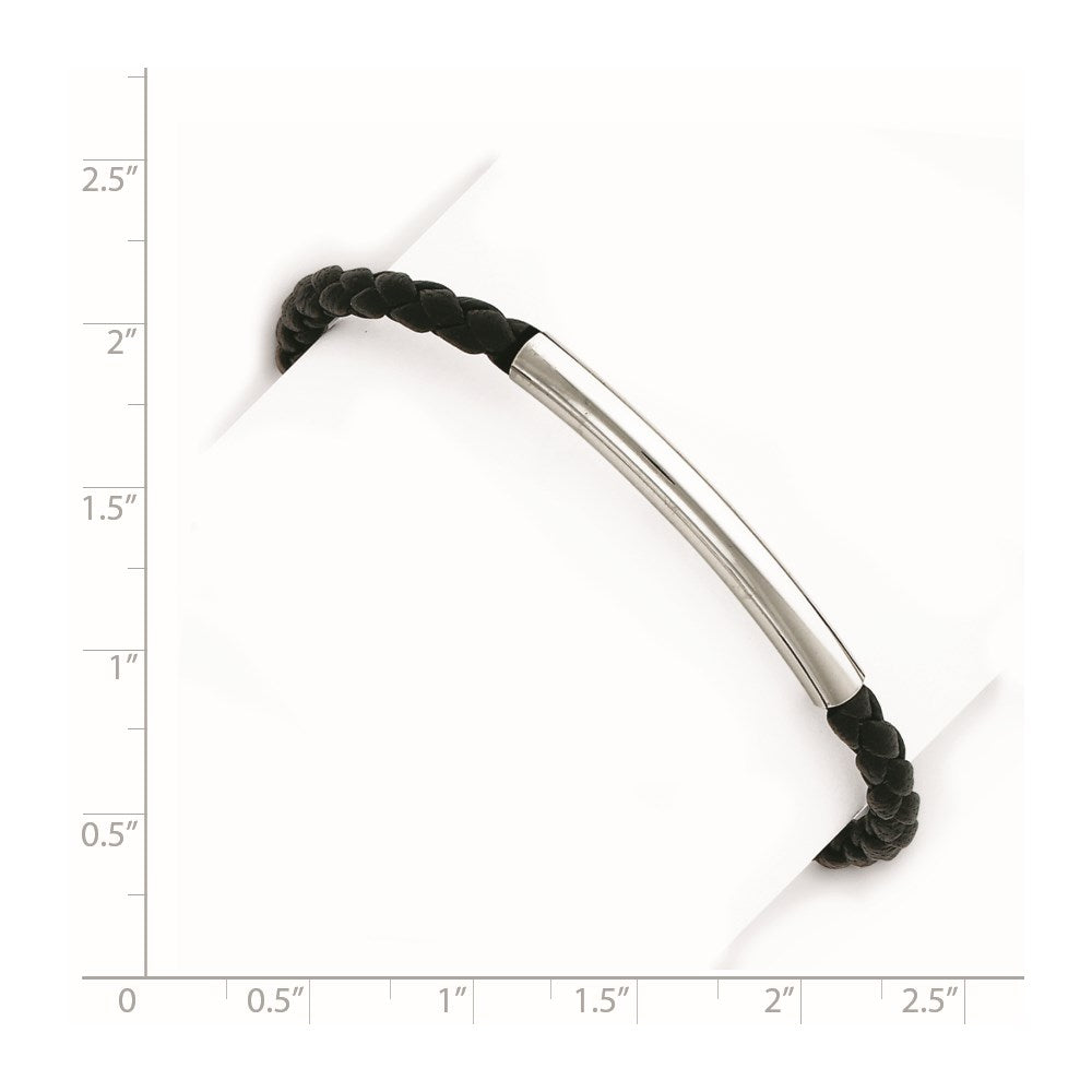 Sterling Silver Rhodium-plated Braided Black Leather Bracelet QG1083-7