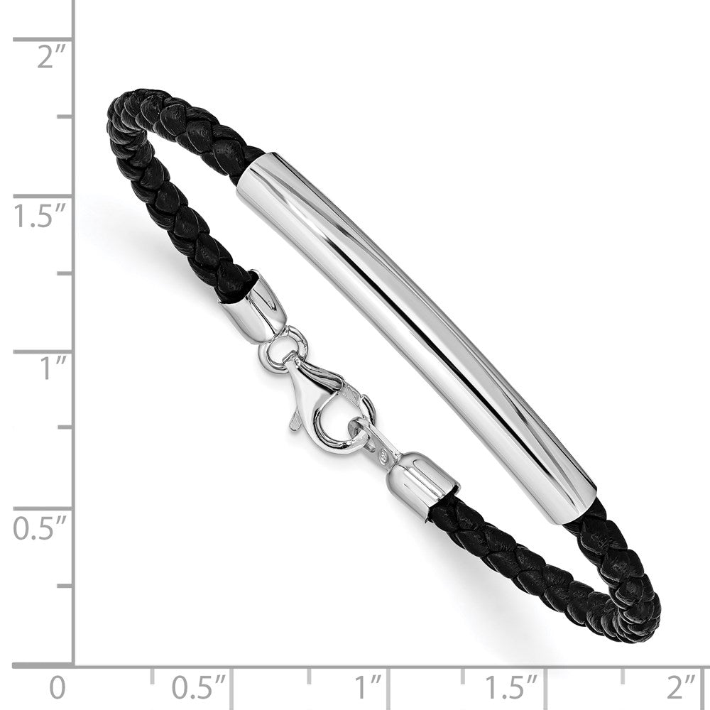 Sterling Silver Rhodium-plated Braided Black Leather Bracelet QG1083-7