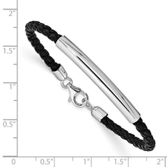 Sterling Silver Rhodium-plated Braided Black Leather Bracelet QG1083-7