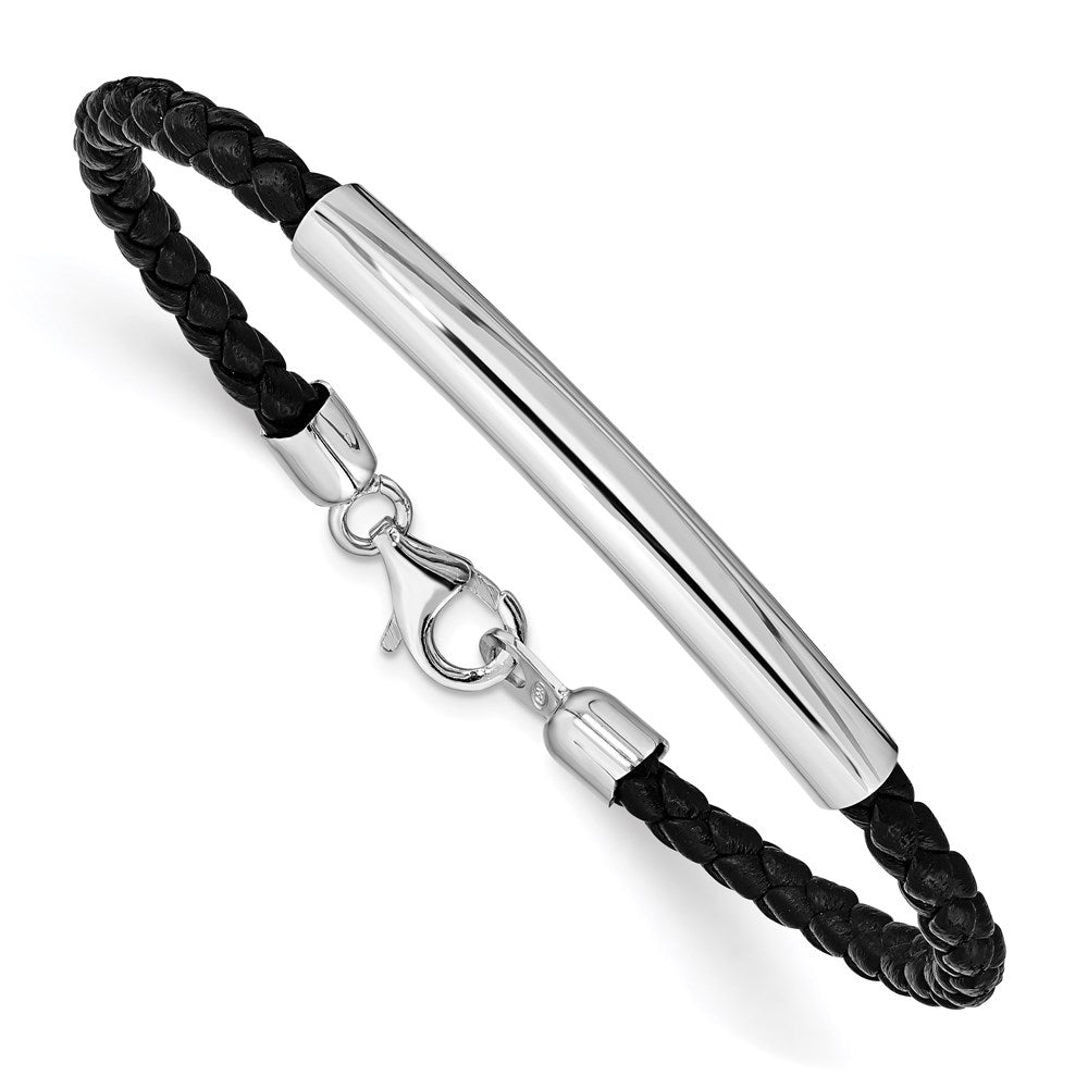Sterling Silver Rhodium-plated Braided Black Leather Bracelet QG1083-7