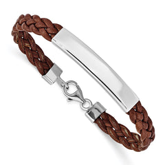 Sterling Silver Rhodium-plated Brown Braided Leather Bracelet QG1087-7