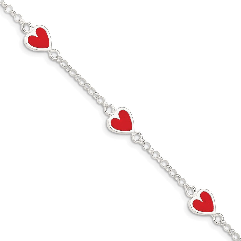 Sterling Silver Polished & Red Enamel Heart w/ 1in ext Children's Bracelet QG1326-6