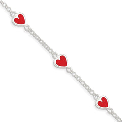 Sterling Silver Polished & Red Enamel Heart w/ 1in ext Children's Bracelet QG1326-6