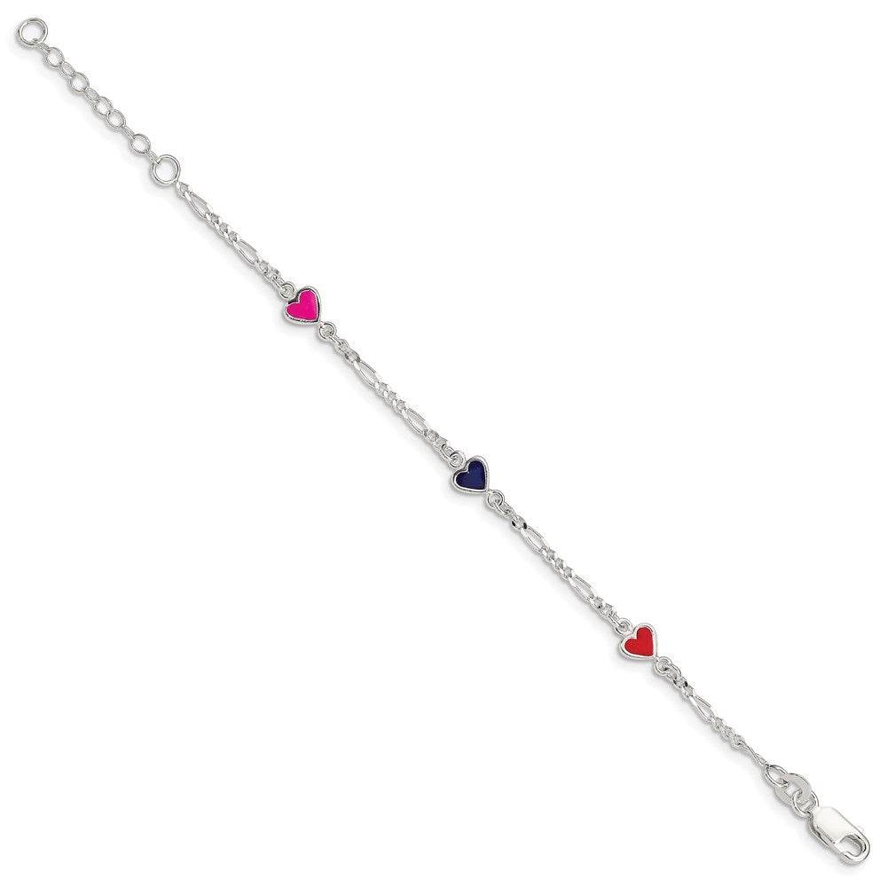 Sterling Silver Polished & Multi-color Enameled Hearts with 1 Inch Extension Children's Bracelet QG1327-6