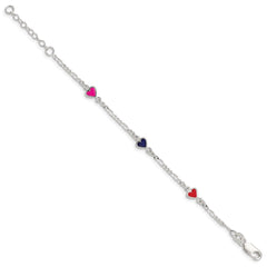 Sterling Silver Polished & Multi-color Enameled Hearts with 1 Inch Extension Children's Bracelet QG1327-6