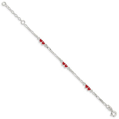 Sterling Silver Polished & Multi-color Enameled Double Heart with 1 Inch Extension Children's Bracelet QG1328-6