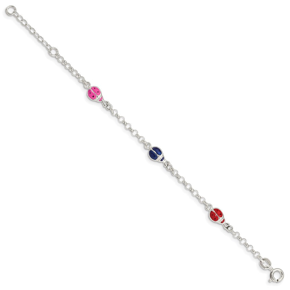 Sterling Silver Multi-color Enamel Ladybugs w/ 1in ext. Children's Bracelet QG1333-6