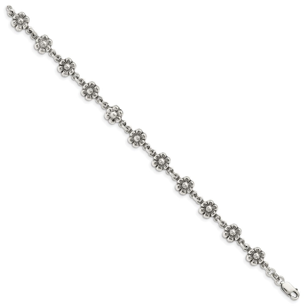 Sterling Silver Antiqued Flower Charm Bracelet QG1548-7