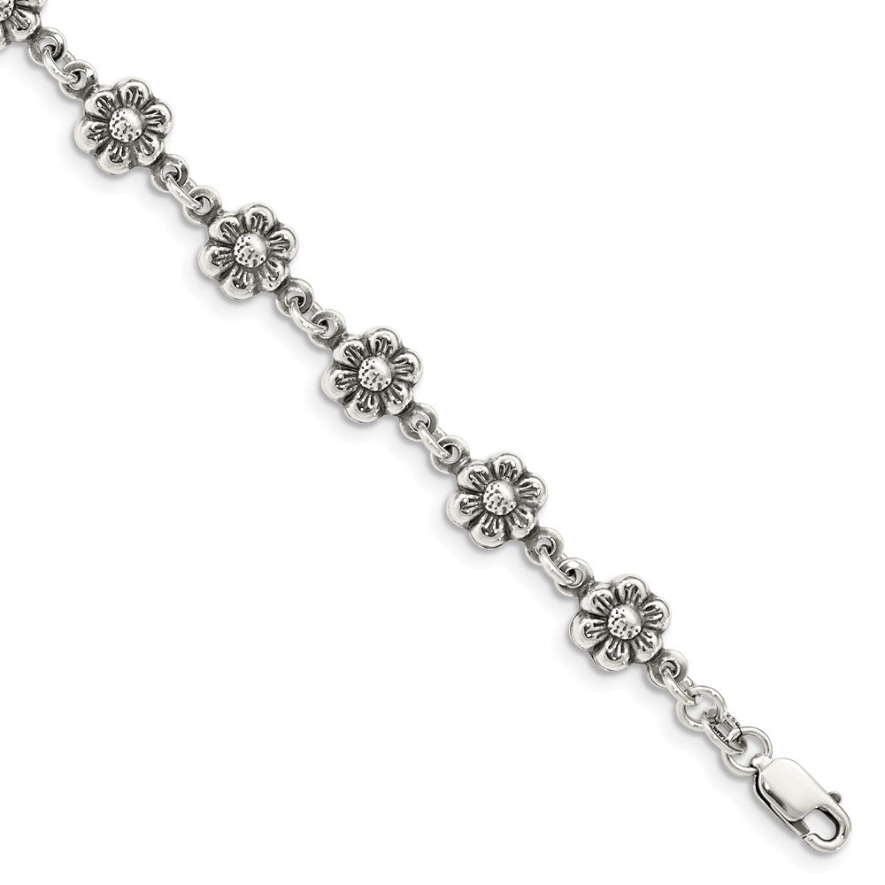 Sterling Silver Antiqued Flower Charm Bracelet QG1548-7