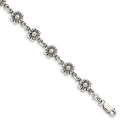 Sterling Silver Antiqued Flower Charm Bracelet QG1548-7