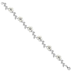 Sterling Silver Rhodium-plated CZ Vine Pattern and Fresheater Cultured Pearl Floral 7 inch Bracelet QG1805-7