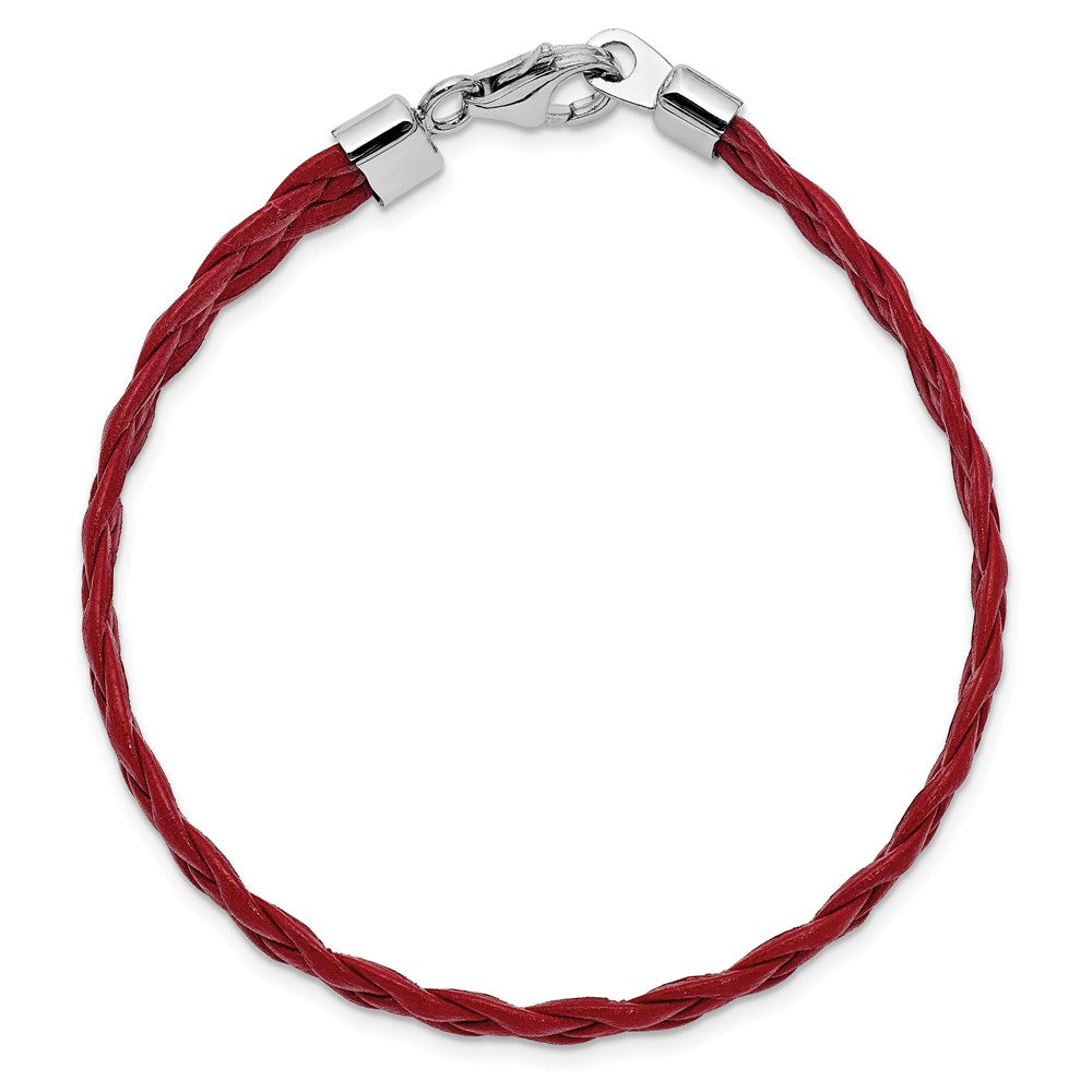 Sterling Silver Rhodium Plated Red Braided Leather 7 inch Bracelet QG1847-7