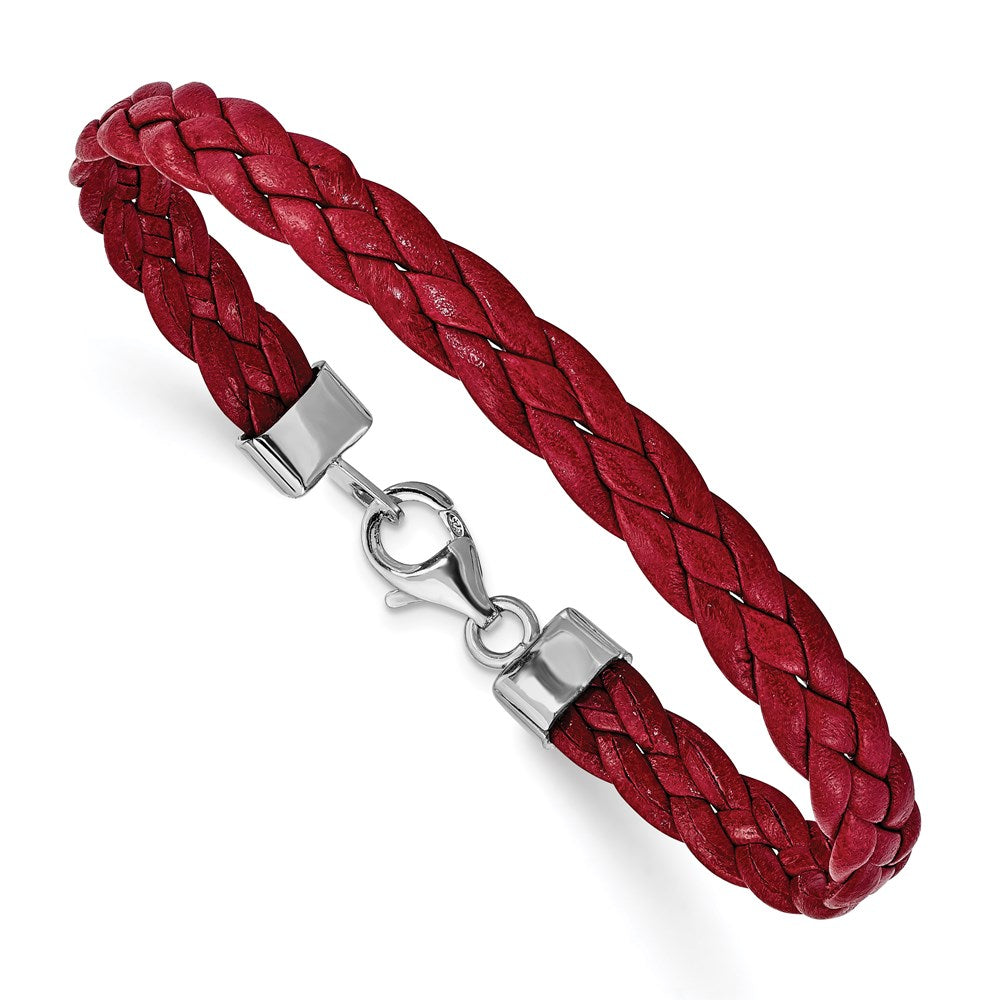 Sterling Silver Rhodium Plated Red Braided Leather 7 inch Bracelet QG1847-7