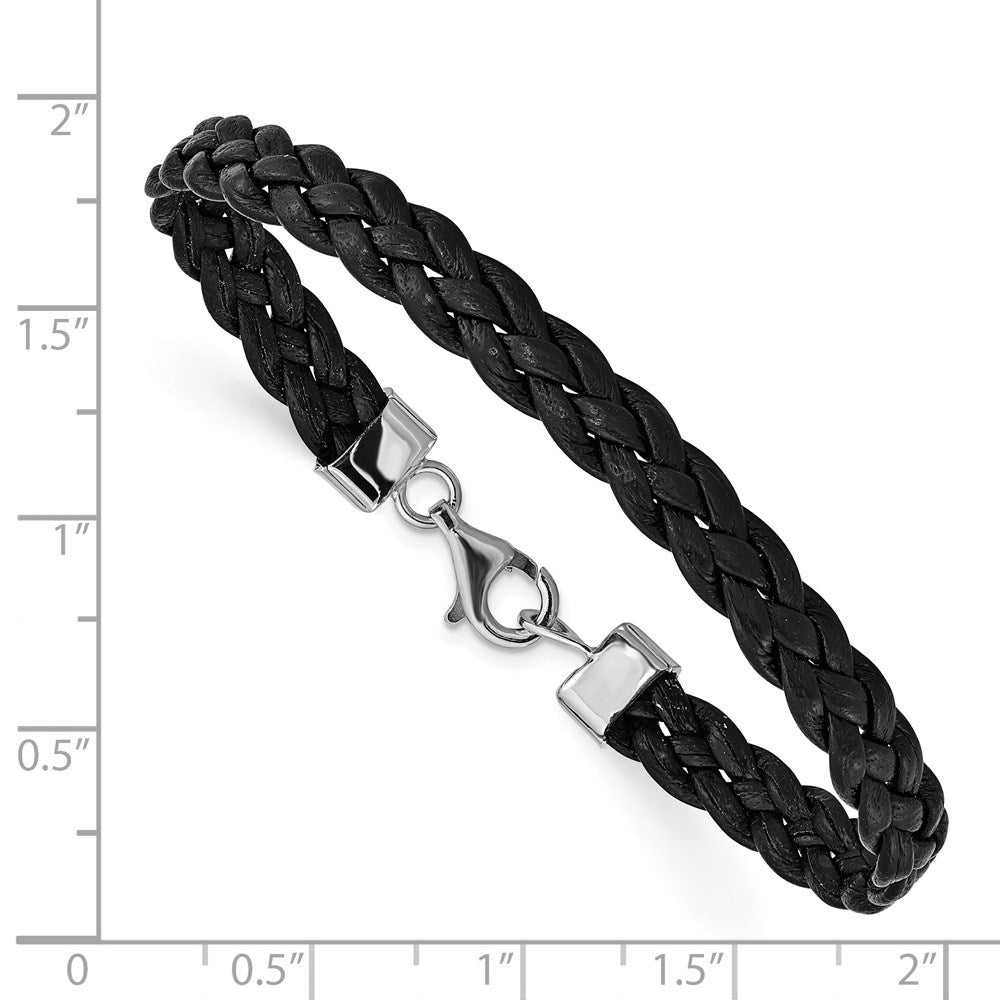 Sterling Silver Rhodium-plated Black Braided Leather Bracelet QG1848-7