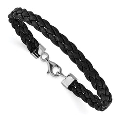 Sterling Silver Rhodium-plated Black Braided Leather Bracelet QG1848-7