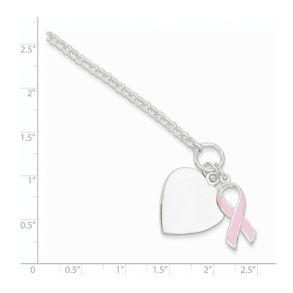 Sterling Silver Fancy Engraveable Heart with Pink Ribbon Bracelet QG2171-7.5