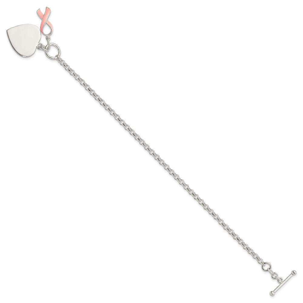 Sterling Silver Fancy Engraveable Heart with Pink Ribbon Bracelet QG2171-7.5