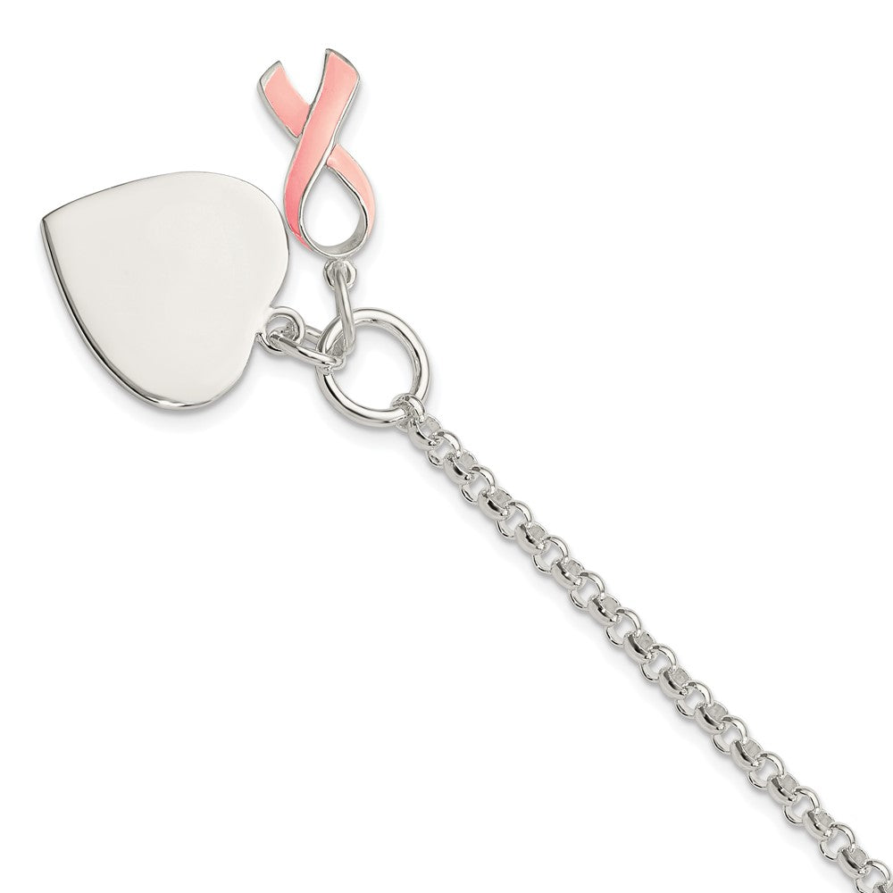 Sterling Silver Fancy Engraveable Heart with Pink Ribbon Bracelet QG2171-7.5